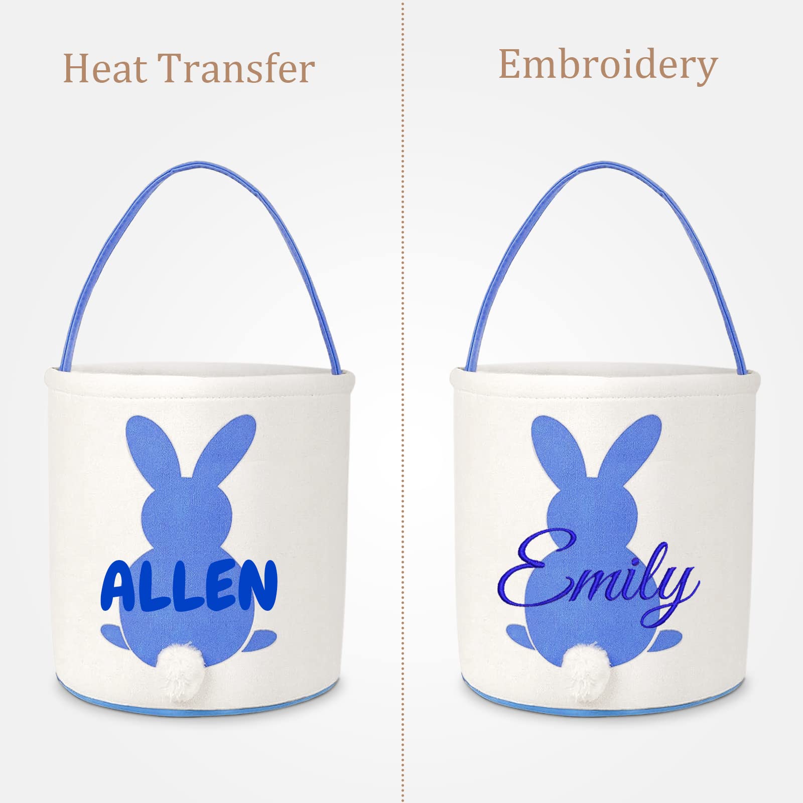 Atiming Canvas Bunny Easter Basket Personalized for Kids, Custom Easter Egg Hunting Basket with Name for Boys Girls Easter Bunny Eggs Hunt Basket Easter Party Gift Bags - Blue