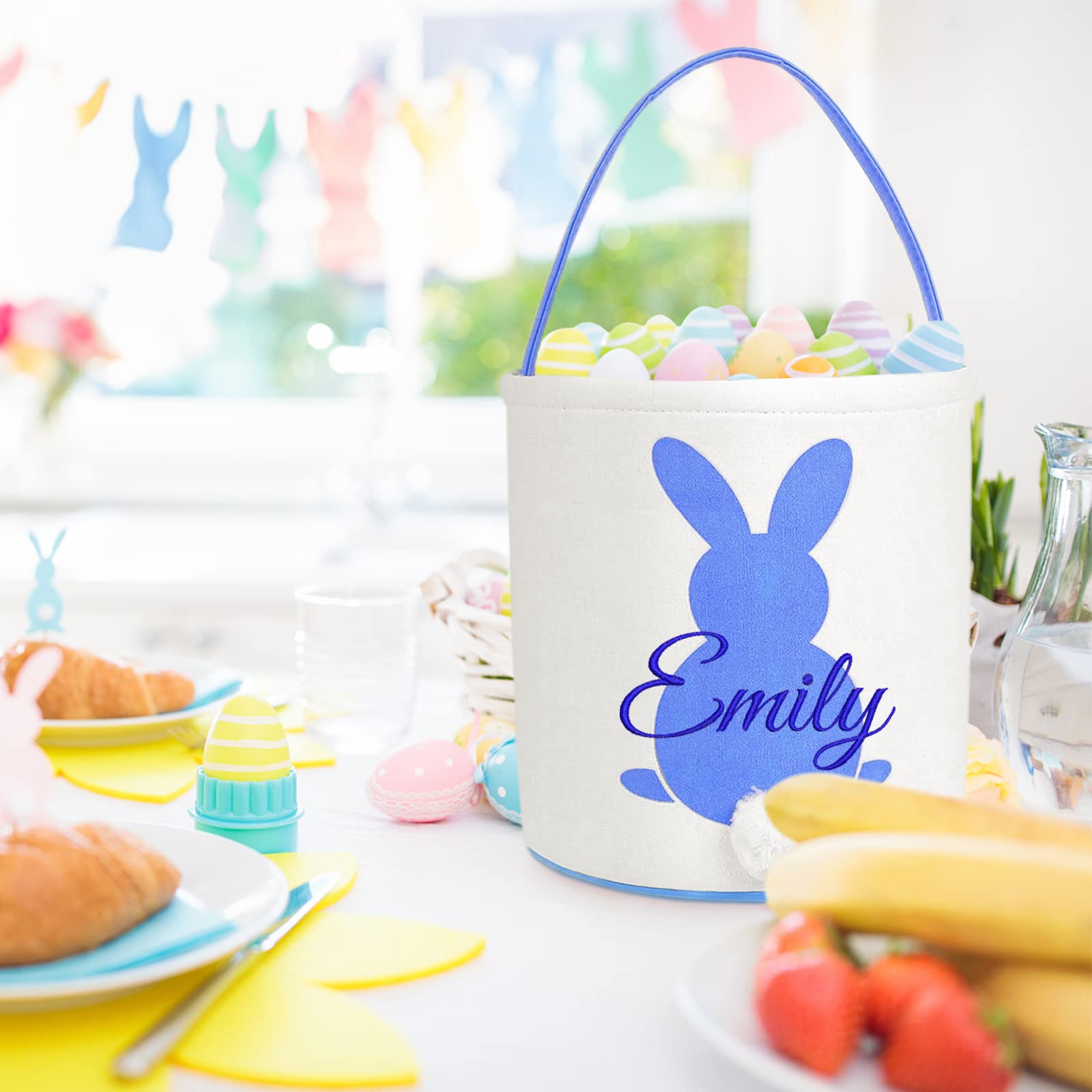 Atiming Canvas Bunny Easter Basket Personalized for Kids, Custom Easter Egg Hunting Basket with Name for Boys Girls Easter Bunny Eggs Hunt Basket Easter Party Gift Bags - Blue