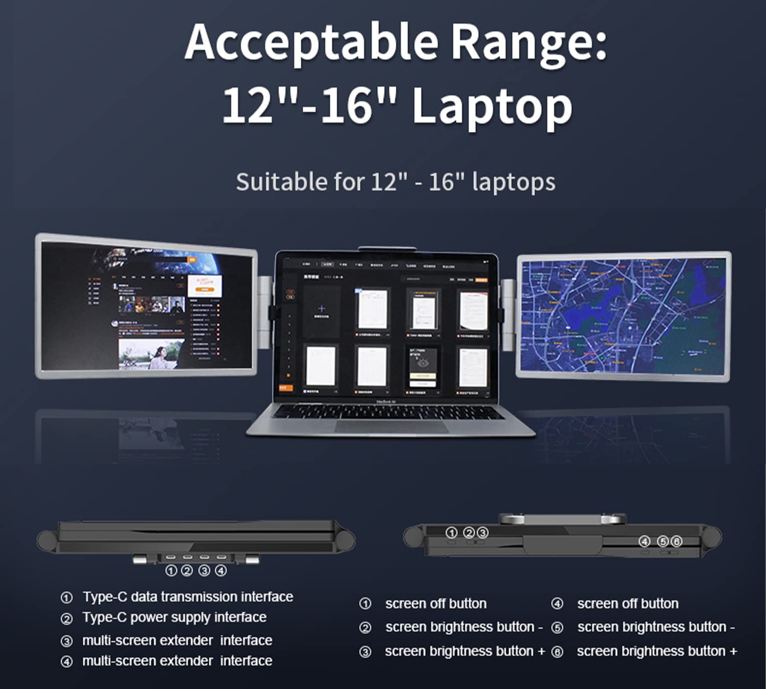 ZTGD Laptop Screen Extender,12'' Triple Portable Monitor Extender Workstation for 12-16" Laptop, FHD 1920 * 1080P IPS Dual Display with only 1 USB C Cable Connection to Windows/Mac