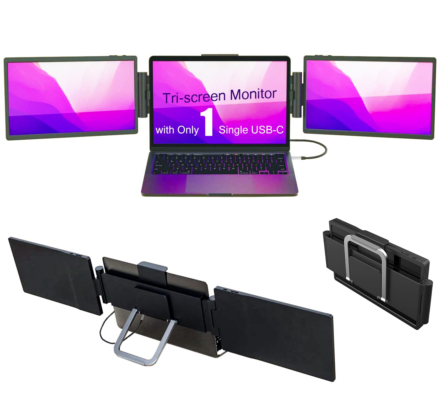 ZTGD Laptop Screen Extender,12'' Triple Portable Monitor Extender Workstation for 12-16" Laptop, FHD 1920 * 1080P IPS Dual Display with only 1 USB C Cable Connection to Windows/Mac