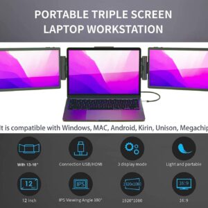 ZTGD Laptop Screen Extender,12'' Triple Portable Monitor Extender Workstation for 12-16" Laptop, FHD 1920 * 1080P IPS Dual Display with only 1 USB C Cable Connection to Windows/Mac