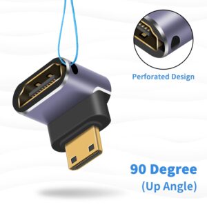 Duttek 8K 90 Degree Mini HDMI to HDMI Adapter, UHD HDMI to Mini HDMI Adapter, Up Angled Mini HDMI Male to HDMI Female Adapter Support 8K@60Hz, 4K@144Hz, 2K@240Hz for Camera, Camcorder 2 Pack