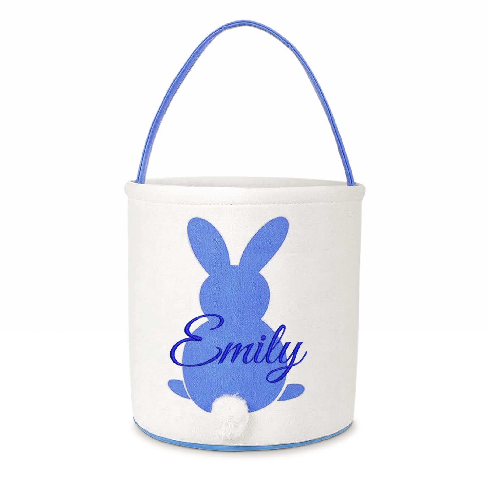 Atiming Canvas Bunny Easter Basket Personalized for Kids, Custom Easter Egg Hunting Basket with Name for Boys Girls Easter Bunny Eggs Hunt Basket Easter Party Gift Bags - Blue