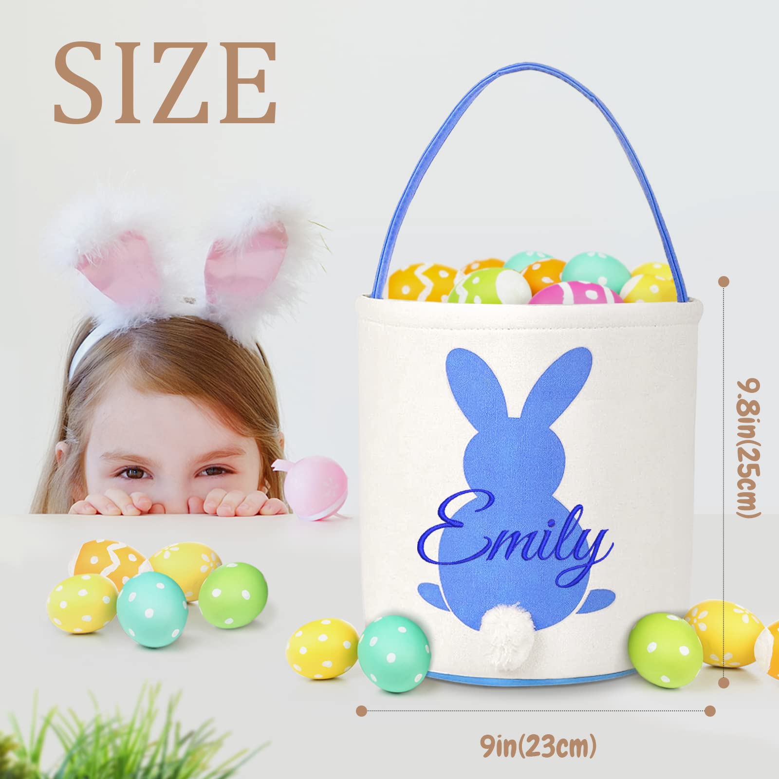 Atiming Canvas Bunny Easter Basket Personalized for Kids, Custom Easter Egg Hunting Basket with Name for Boys Girls Easter Bunny Eggs Hunt Basket Easter Party Gift Bags - Blue