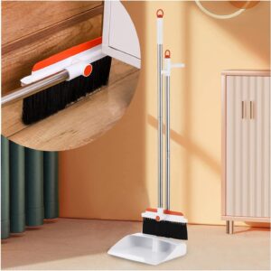 broom dustpan set, indoor 360° rotatable standing storage buckle type 𝐁room and dustpan set with scraping teeth and scraper deep cleaning broom and dustpan set for home & office