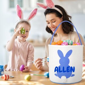 Atiming Canvas Bunny Easter Basket Personalized for Kids, Custom Easter Egg Hunting Basket with Name for Boys Girls Easter Bunny Eggs Hunt Basket Easter Party Gift Bags - Blue