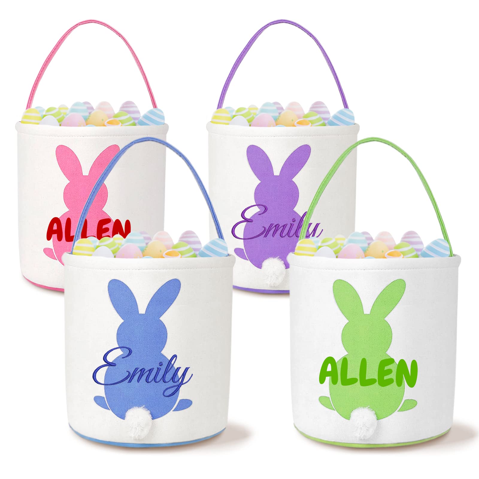 Atiming Canvas Bunny Easter Basket Personalized for Kids, Custom Easter Egg Hunting Basket with Name for Boys Girls Easter Bunny Eggs Hunt Basket Easter Party Gift Bags - Blue