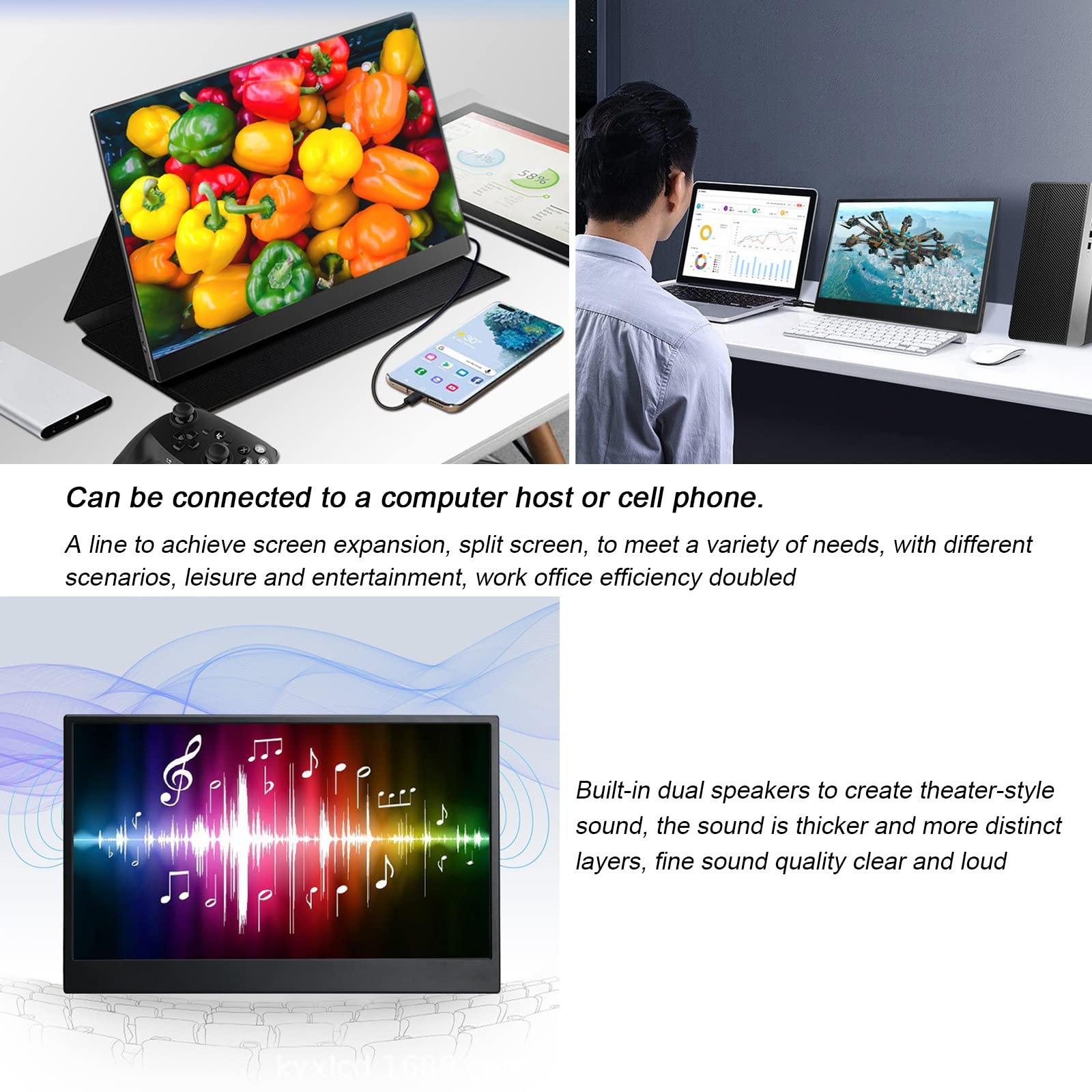 Serchou 13.3-inch Ultra-Thin Portable Monitor External Expansion of The Same Screen IPS HD Display, Built-in Dual Speakers