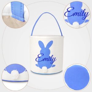 Atiming Canvas Bunny Easter Basket Personalized for Kids, Custom Easter Egg Hunting Basket with Name for Boys Girls Easter Bunny Eggs Hunt Basket Easter Party Gift Bags - Blue