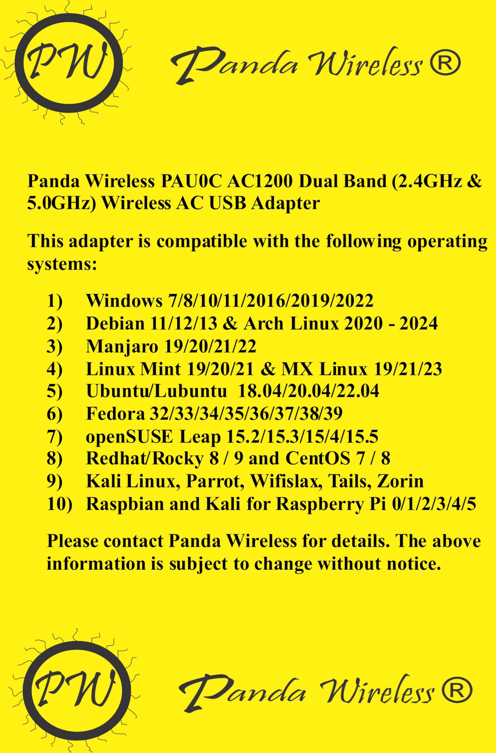 Panda Wireless® PAU0C AC1200 Dual Band Wireless-AC USB Adapter - Windows 7/8/10/11/2019/2022, Chrome OS, Zorin, MXLinux, Mint, Ubuntu, Fedora, openSUSE, Rocky, Lubuntu, Kali Linux and Raspbian