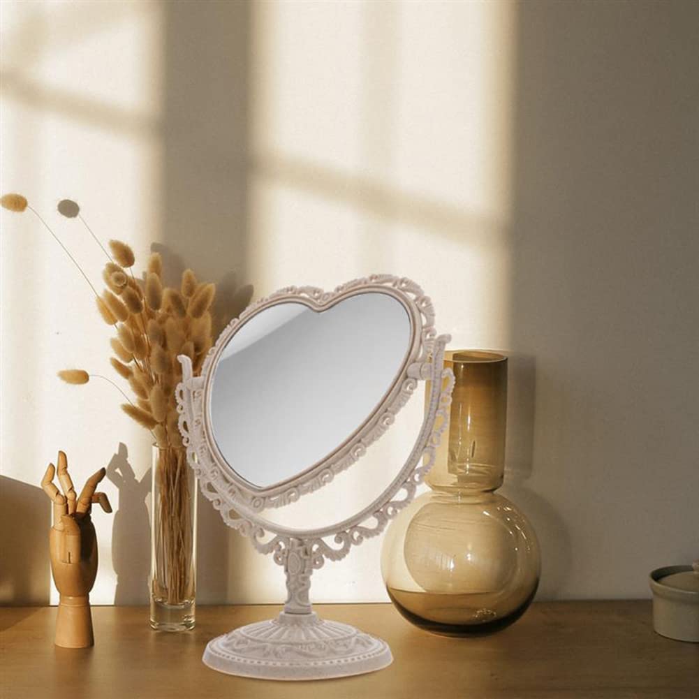 FEIYU BUY 1 Pack Simple and Lovely Heart-Shaped Cosmetic Mirror Plastic Double-Sided Rotatable Dresser Mirror Lightweight Mirror Bathroom Bedroom Mirror