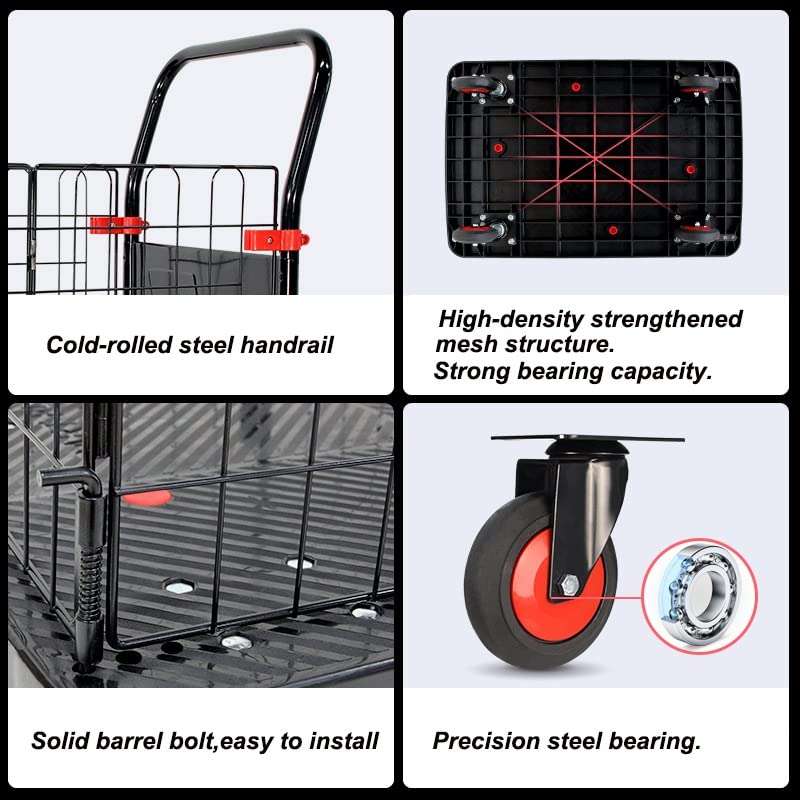 Folding Platform Carts with Wheels,Folding Mesh Cage cart with Detachable Collapsible Fence,Portable Handling Platform Dolly Cart for Luggage,Material Transport Truck ,Load 330LB