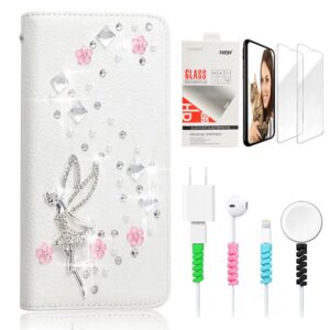 stenes bling wallet luxury phone case compatible with samsung galaxy s23 ultra - stylish - 3d handmade girls fairy floral design leather cover with screen protector & cable protector - white