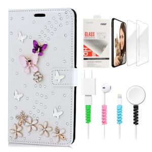 stenes bling wallet luxury phone case compatible with samsung galaxy s23 plus - stylish - 3d handmade s-link butterfly floral design leather cover with screen protector & cable protector - white