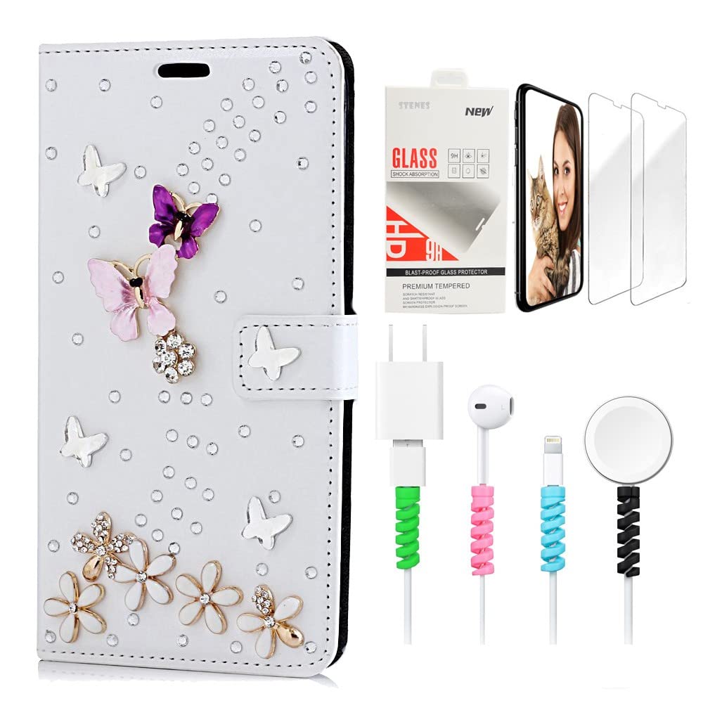 STENES Bling Wallet Luxury Phone Case Compatible with Samsung Galaxy S23 Plus - Stylish - 3D Handmade S-Link Butterfly Floral Design Leather Cover with Screen Protector & Cable Protector - White