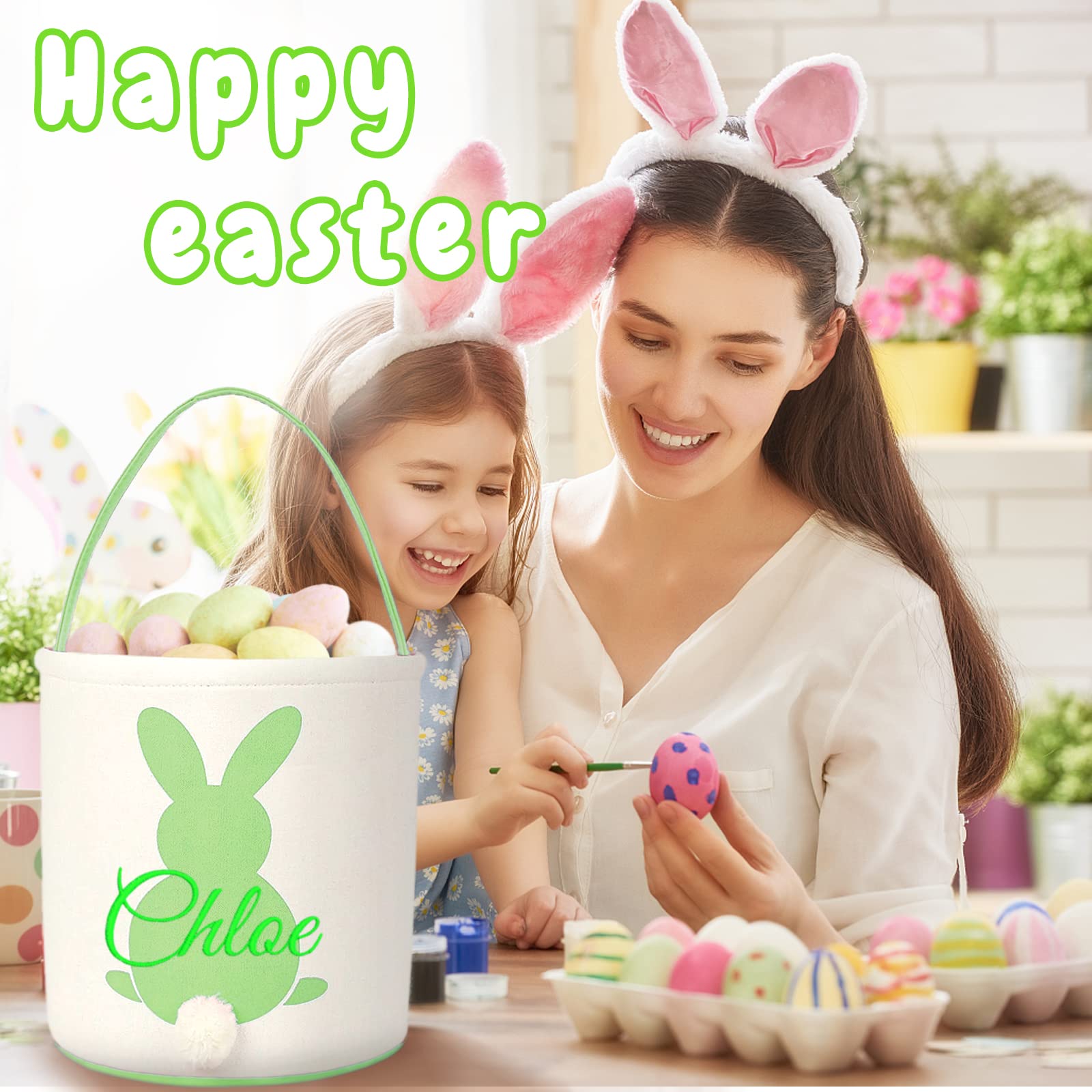 Amidaky Personalized Easter Bunny Basket for Kids Easter Canvas Basket with Handle Egg Bunny Bucket Green