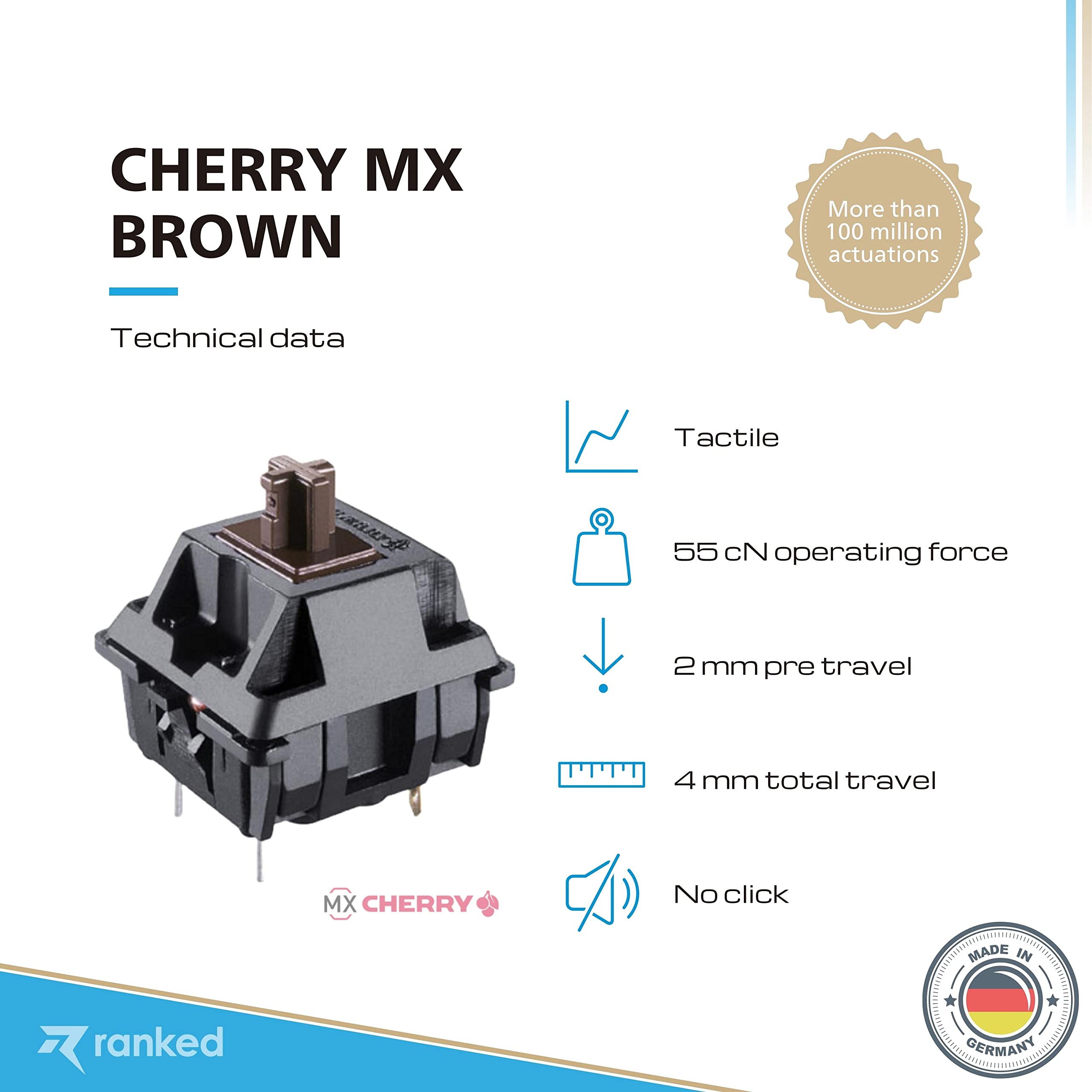 Bundle of 65 Cherry MX Brown Switches for Mechanical Gaming Keyboards & Ranked Premium CNC Machined Switch Opener