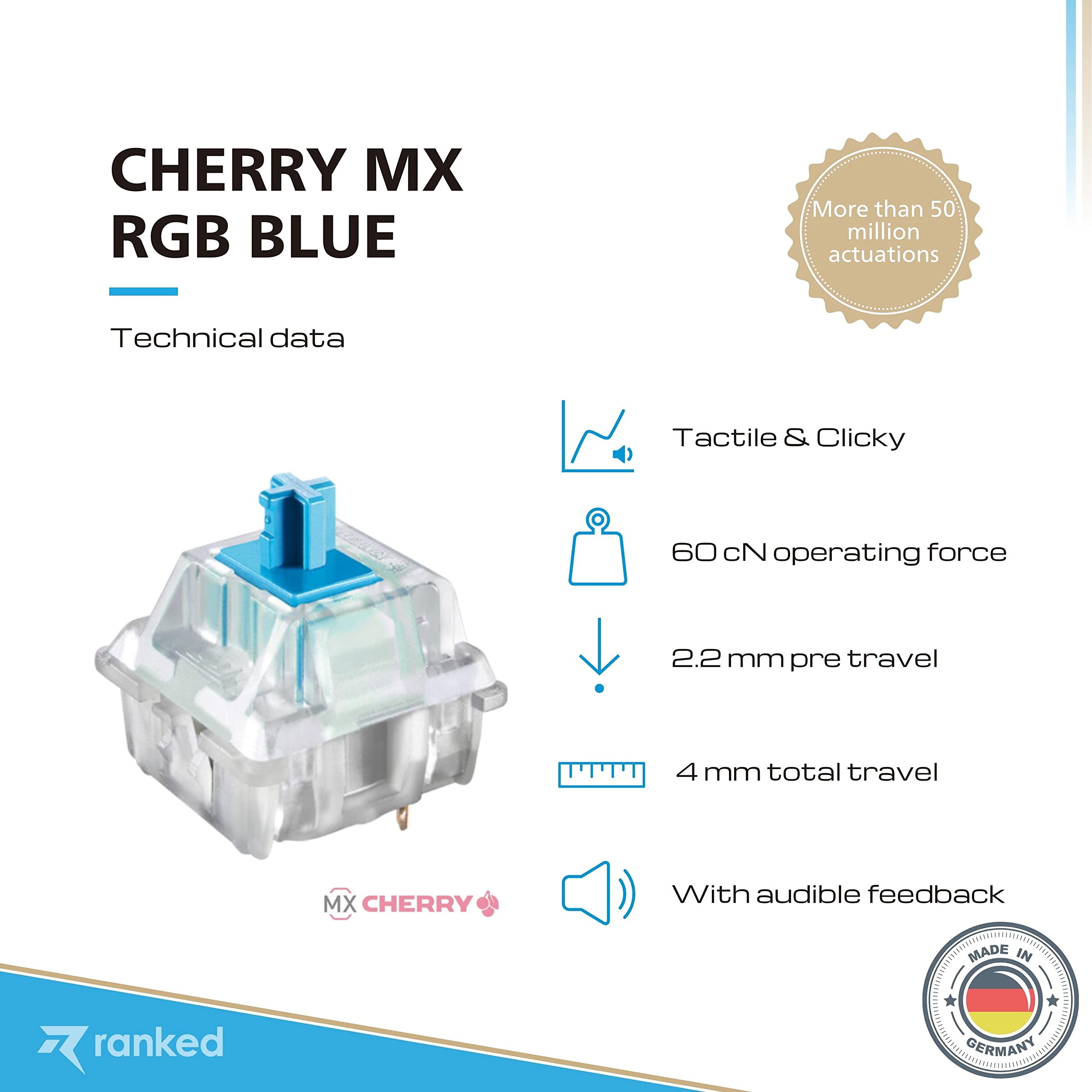 Bundle of 90 Cherry MX RGB Blue Switches for Mechanical Gaming Keyboards & Ranked Premium CNC Machined Switch Opener