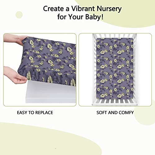 Roses Themed Fitted Mini Crib Sheets,Portable Mini Crib Sheets Toddler Bed Mattress Sheets-Baby Crib Sheets for Girl or Boy,24“ x38“,Dark Violet Ivory