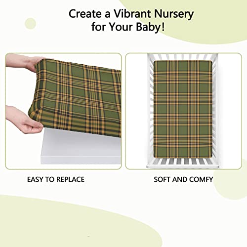 Plaid Themed Fitted Mini Crib Sheets,Portable Mini Crib Sheets Ultra Soft Material-Great for Boy or Girl Room or Nursery,24“ x38“,Olive Mustard