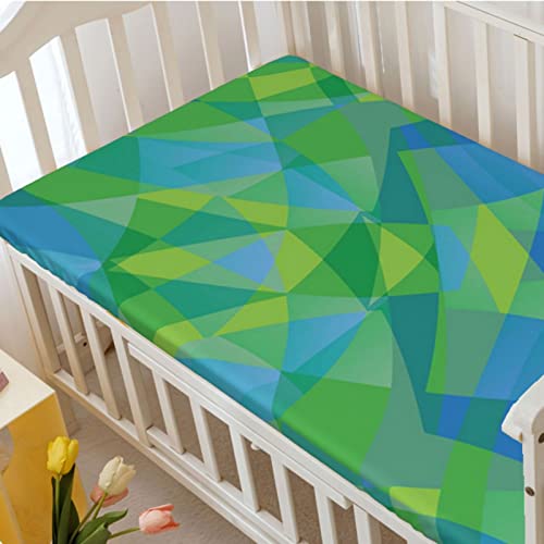 Polygons Themed Fitted Mini Crib Sheets,Portable Mini Crib Sheets Soft & Stretchy Fitted Crib Sheet-Baby Crib Sheets for Girl or Boy,24“ x38“,Green and Sea Blue