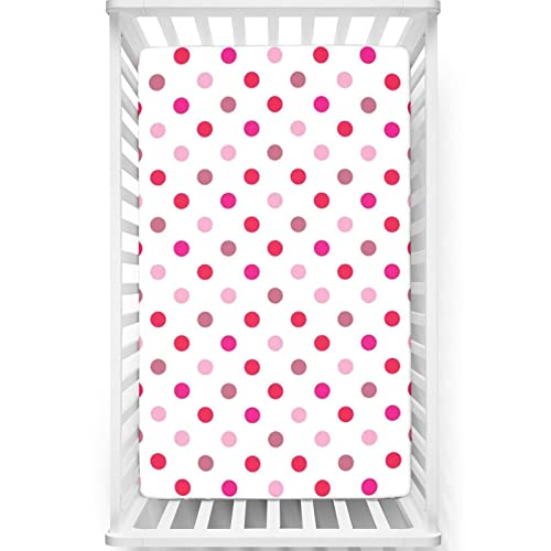 Polka Dots Themed Fitted Mini Crib Sheets,Portable Mini Crib Sheets Soft & Stretchy Fitted Crib Sheet-Baby Sheet for Boys Girls,24“ x38“,Baby Pink Fuchsia White