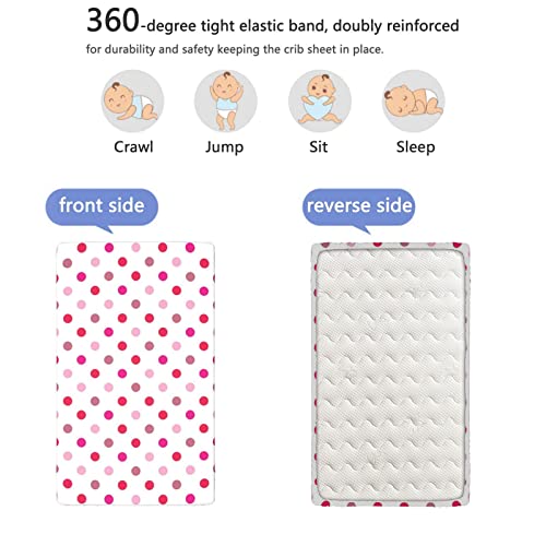 Polka Dots Themed Fitted Mini Crib Sheets,Portable Mini Crib Sheets Soft & Stretchy Fitted Crib Sheet-Baby Sheet for Boys Girls,24“ x38“,Baby Pink Fuchsia White