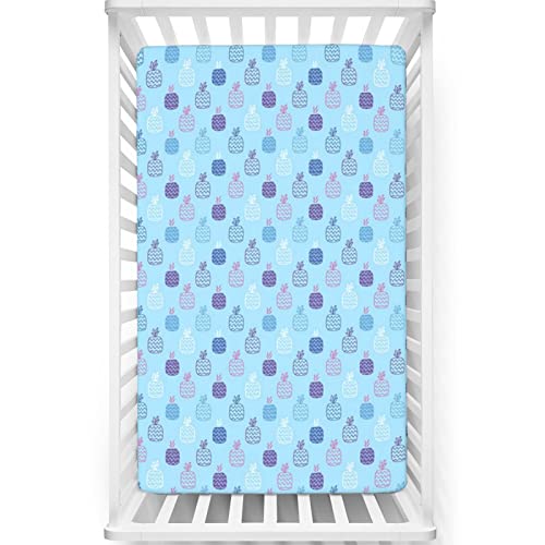 Pineapple Themed Fitted Mini Crib Sheets,Portable Mini Crib Sheets Ultra Soft Material-Baby Crib Sheets for Girl or Boy,24“ x38“,Baby Blue and Multicolor