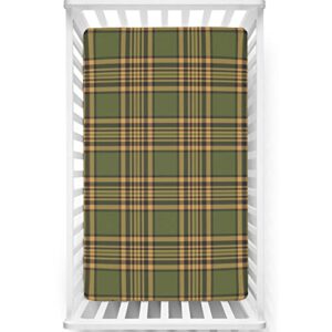 plaid themed fitted mini crib sheets,portable mini crib sheets ultra soft material-great for boy or girl room or nursery,24“ x38“,olive mustard