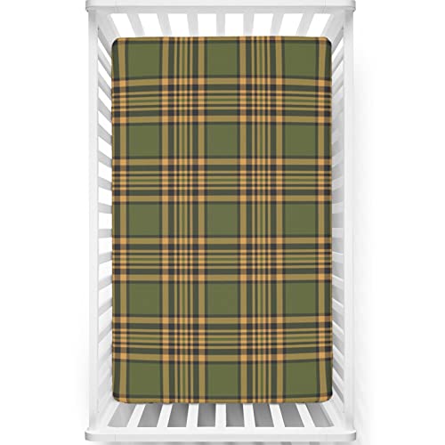 Plaid Themed Fitted Mini Crib Sheets,Portable Mini Crib Sheets Ultra Soft Material-Great for Boy or Girl Room or Nursery,24“ x38“,Olive Mustard