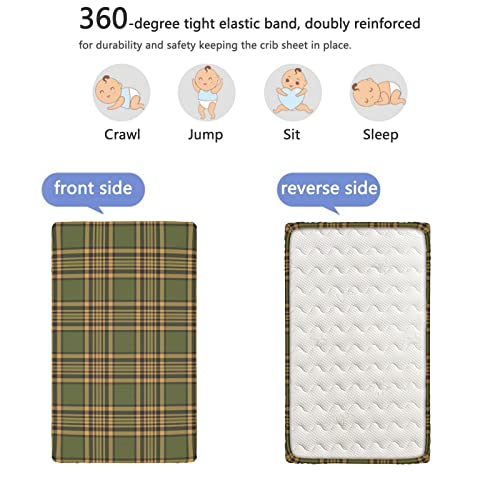 Plaid Themed Fitted Mini Crib Sheets,Portable Mini Crib Sheets Ultra Soft Material-Great for Boy or Girl Room or Nursery,24“ x38“,Olive Mustard