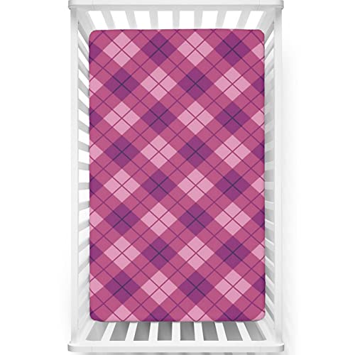 Plaid Themed Fitted Crib Sheet,Standard Crib Mattress Fitted Sheet Soft and Breathable Bed Sheets-Baby Crib Sheets for Girl or Boy,28“ x52“,Dark Magenta Pale Fuchsia