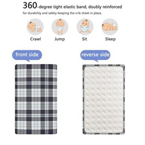 Plaid Themed Fitted Mini Crib Sheets,Portable Mini Crib Sheets Soft Toddler Mattress Sheet Fitted-Great for Boy or Girl Room or Nursery,24“ x38“,Indigo White and Pale Taupe