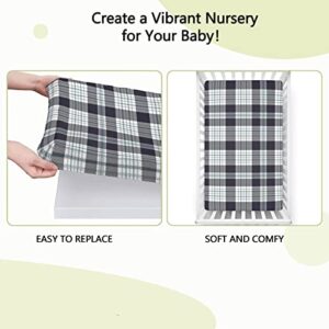 Plaid Themed Fitted Mini Crib Sheets,Portable Mini Crib Sheets Soft Toddler Mattress Sheet Fitted-Great for Boy or Girl Room or Nursery,24“ x38“,Indigo White and Pale Taupe