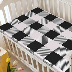 Plaid Themed Fitted Mini Crib Sheets,Portable Mini Crib Sheets Ultra Soft Material-Great for Boy or Girl Room or Nursery,24“ x38“,Pale Grey and Black