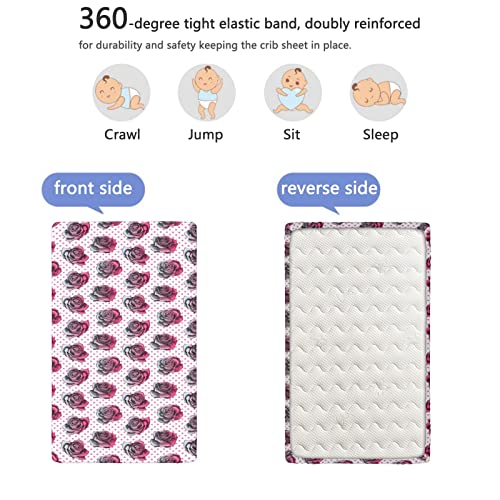 Pink Polka Dots Themed Fitted Mini Crib Sheets,Portable Mini Crib Sheets Soft and Breathable Bed Sheets-Baby Crib Sheets for Girl or Boy,24“ x38“,Pink Dark Taupe Grey Grey Pink