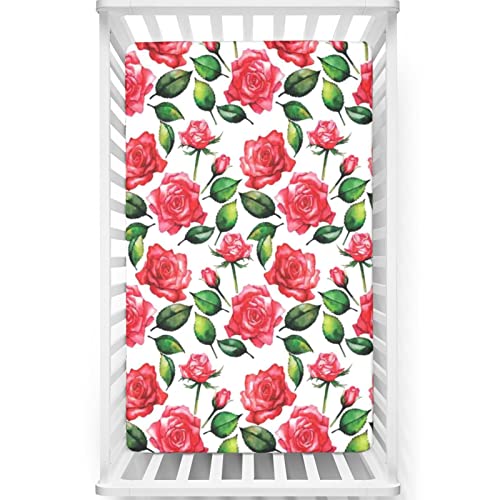 Rose Themed Fitted Mini Crib Sheets,Portable Mini Crib Sheets Soft Toddler Mattress Sheet Fitted-Great for Boy or Girl Room or Nursery,24“ x38“,White Green Red