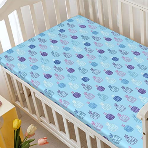 Pineapple Themed Fitted Mini Crib Sheets,Portable Mini Crib Sheets Ultra Soft Material-Baby Crib Sheets for Girl or Boy,24“ x38“,Baby Blue and Multicolor