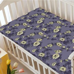 Roses Themed Fitted Mini Crib Sheets,Portable Mini Crib Sheets Toddler Bed Mattress Sheets-Baby Crib Sheets for Girl or Boy,24“ x38“,Dark Violet Ivory