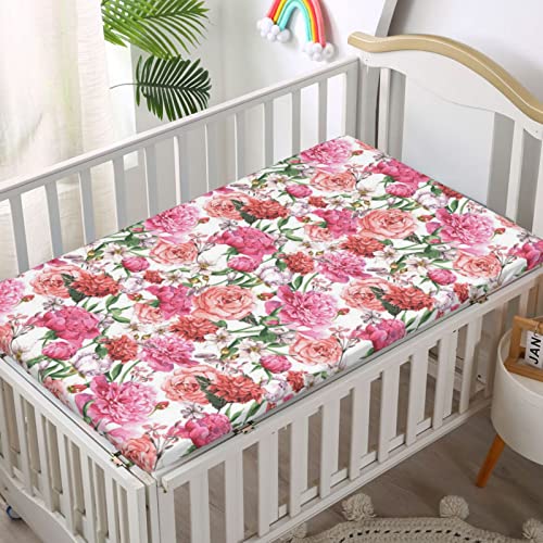 Roses Themed Fitted Mini Crib Sheets,Portable Mini Crib Sheets Toddler Bed Mattress Sheets-Baby Crib Sheets for Girl or Boy,24“ x38“,Multicolor