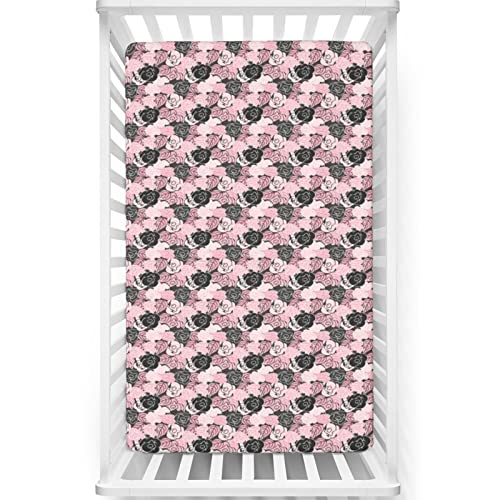 Roses Themed Fitted Crib Sheet,Standard Crib Mattress Fitted Sheet Soft Toddler Mattress Sheet Fitted-Baby Crib Sheets for Girl or Boy,28“ x52“,Charcoal Grey Pale Pink Black