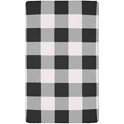 Plaid Themed Fitted Mini Crib Sheets,Portable Mini Crib Sheets Ultra Soft Material-Great for Boy or Girl Room or Nursery,24“ x38“,Pale Grey and Black