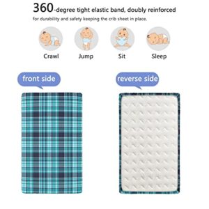 Plaid Themed Fitted Crib Sheet,Standard Crib Mattress Fitted Sheet Toddler Bed Mattress Sheets-Baby Crib Sheets for Girl or Boy,28“ x52“,Dark Blue Aqua White