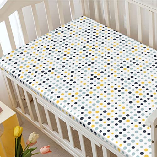 Polka Dot Themed Fitted Mini Crib Sheets,Portable Mini Crib Sheets Soft Toddler Mattress Sheet Fitted-Baby Sheet for Boys Girls,24“ x38“,Dark Slate Blue Mustard Pale Blue Grey White