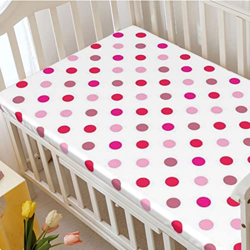 Polka Dots Themed Fitted Mini Crib Sheets,Portable Mini Crib Sheets Soft & Stretchy Fitted Crib Sheet-Baby Sheet for Boys Girls,24“ x38“,Baby Pink Fuchsia White