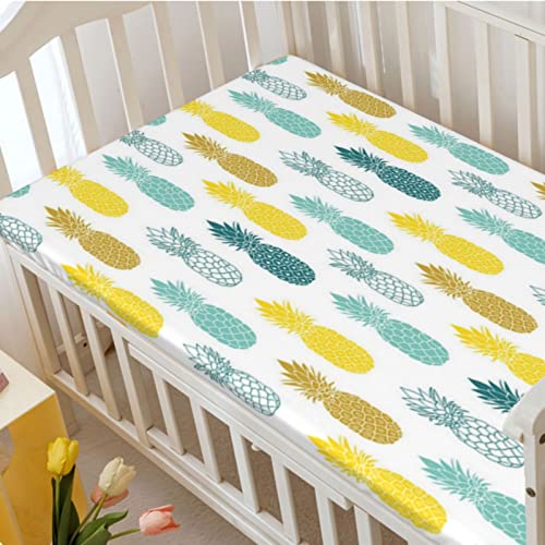 Pineapple Themed Fitted Mini Crib Sheets,Portable Mini Crib Sheets Soft and Breathable Bed Sheets-Baby Sheet for Boys Girls,24“ x38“,White and Multicolor