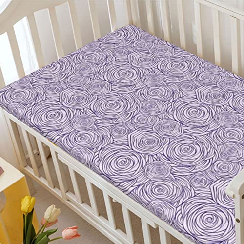 Rose Themed Fitted Mini Crib Sheets,Portable Mini Crib Sheets Soft Toddler Mattress Sheet Fitted-Great for Boy or Girl Room or Nursery,24“ x38“,Blue Violet Pale Mauve