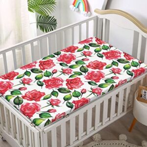 Rose Themed Fitted Mini Crib Sheets,Portable Mini Crib Sheets Soft Toddler Mattress Sheet Fitted-Great for Boy or Girl Room or Nursery,24“ x38“,White Green Red