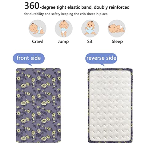 Roses Themed Fitted Mini Crib Sheets,Portable Mini Crib Sheets Toddler Bed Mattress Sheets-Baby Crib Sheets for Girl or Boy,24“ x38“,Dark Violet Ivory