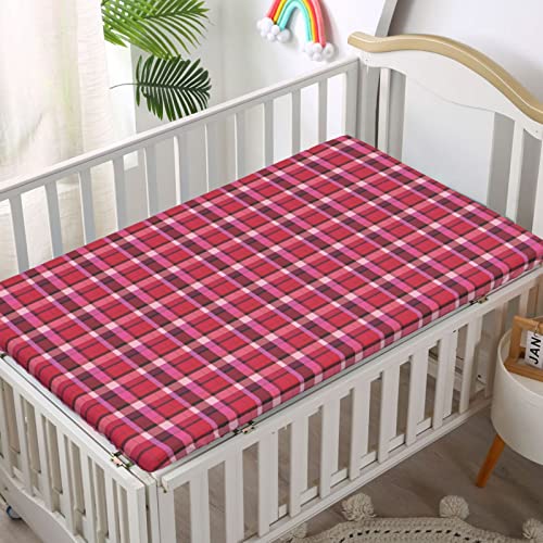 Plaid Themed Fitted Crib Sheet,Standard Crib Mattress Fitted Sheet Ultra Soft Material-Baby Sheet for Boys Girls,28“ x52“,Pink and Pale Maroon